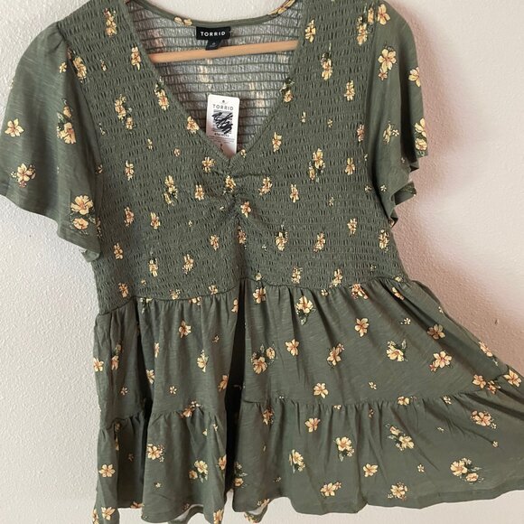 NWT Torrid V-Neck Smocked Bodice‎ Babydoll Green Floral Top Size 0/L/12 - Picture 5 of 9